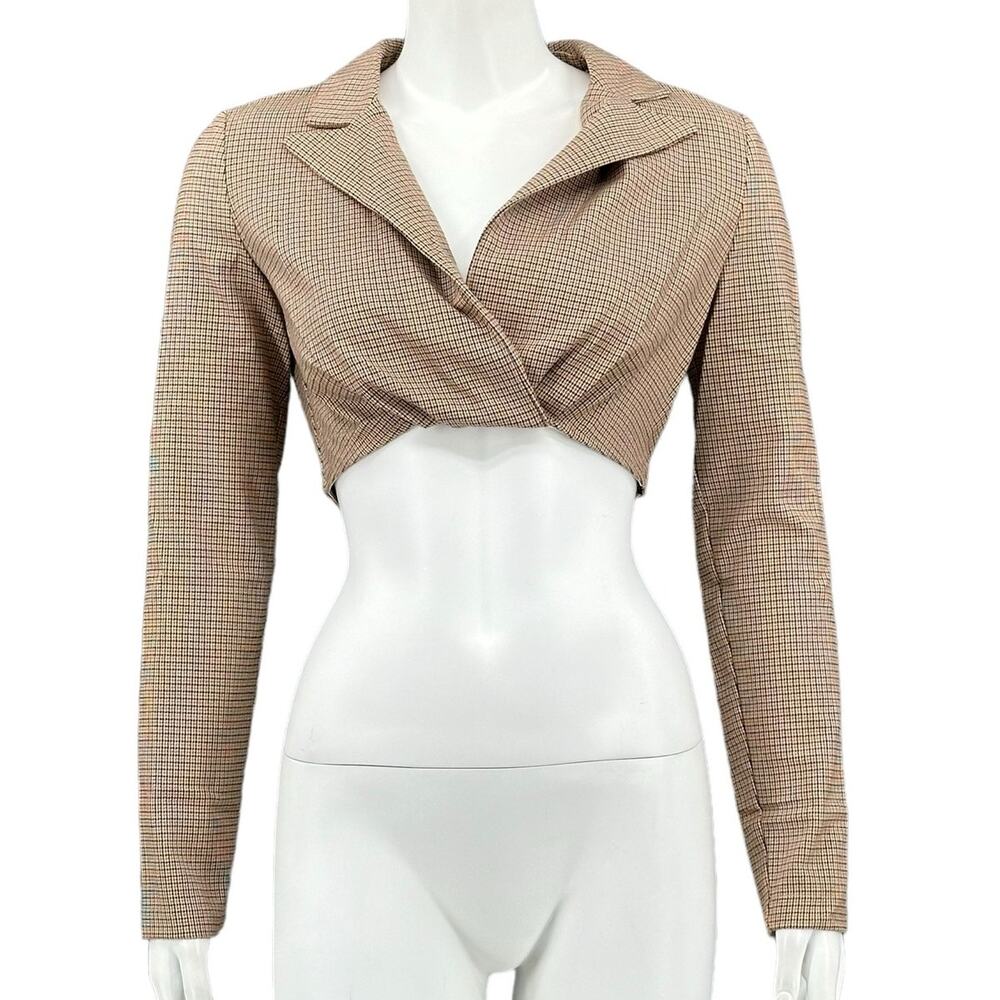 Zara Top Womens Small Tan Brown Crop Long Sleeves V-Neck Stretch Preppy Academia